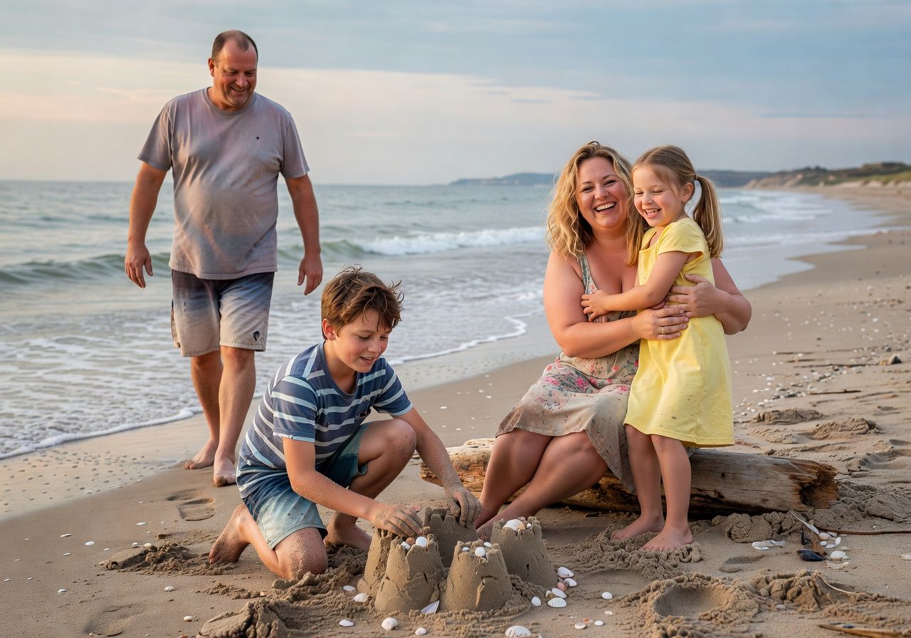 Family of four enjoys a beach sunset, boy building sandcastles while mom hugs daughter and dad walks over.