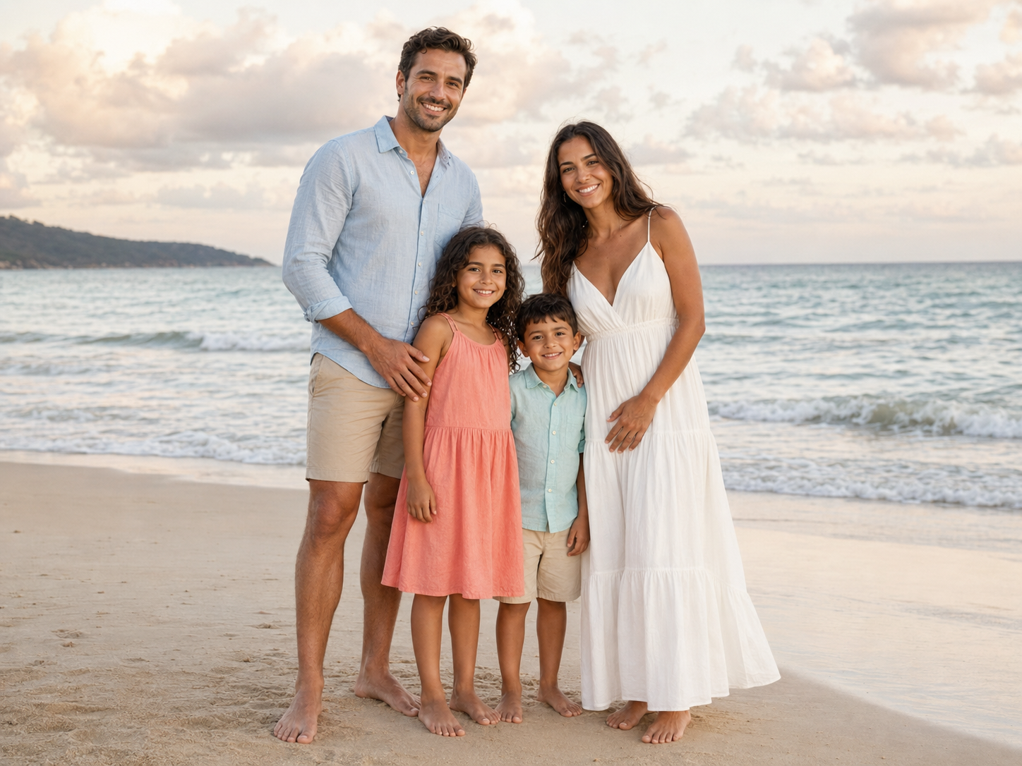 Happy family of four posing on a tropical beach at sunset in casual summer attire.