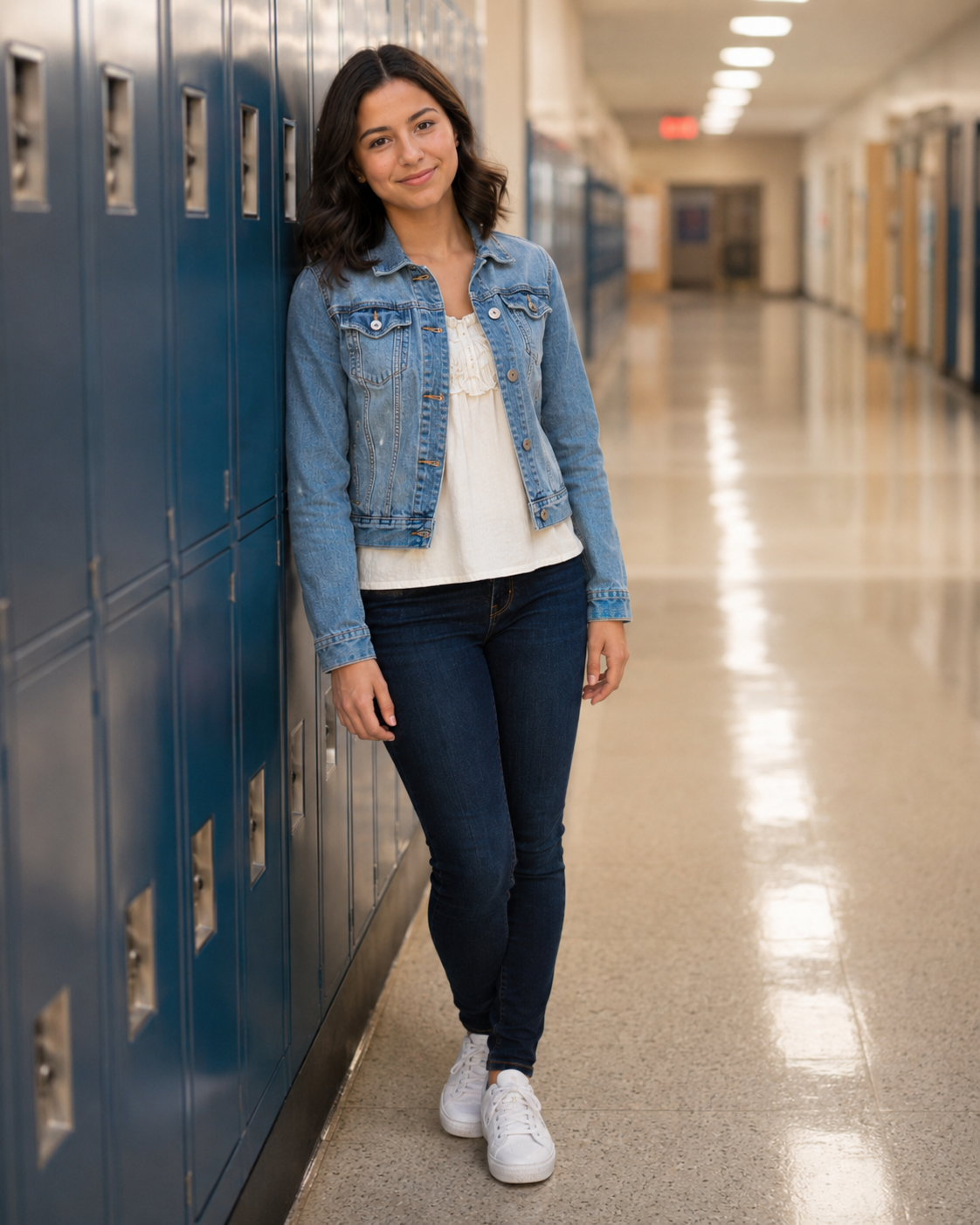 Young woman in denim jacket and jeans leaning against blue school lockers in a bright hallway.