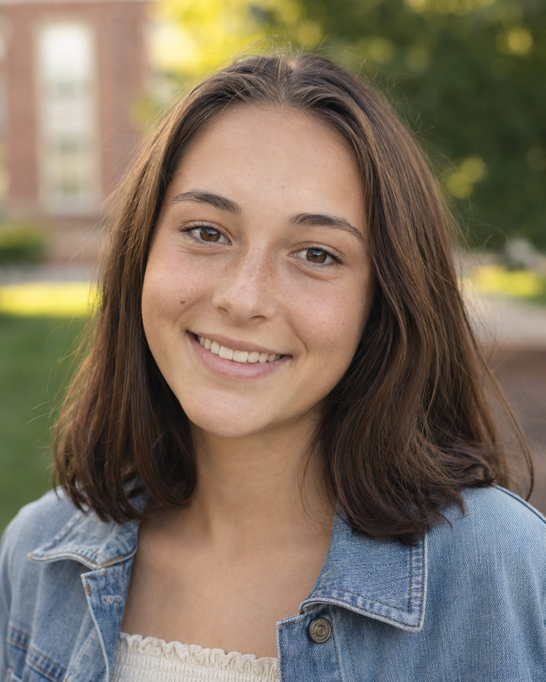 Young woman with shoulder-length brown hair smiling outdoors in a denim jacket on a college campus.