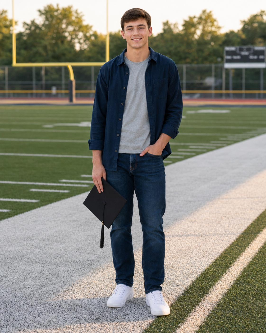 Smiling male high school senior holding graduation cap on football field at golden hour photo.
