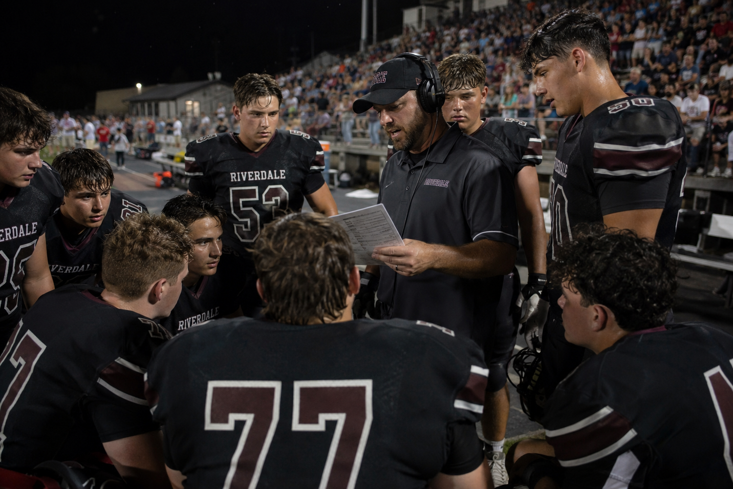 Riverdale football coach reviews plays on tablet with players in black uniforms during nighttime sideline huddle.