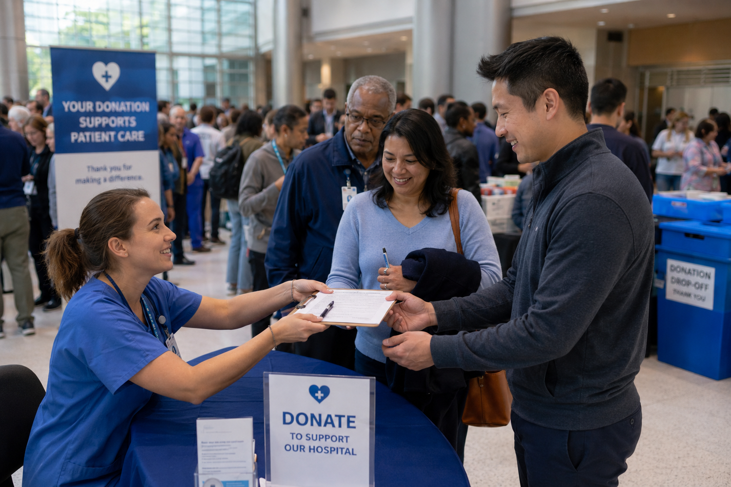 A nurse in blue scrubs hands paperwork to visitors at a hospital donation support table.