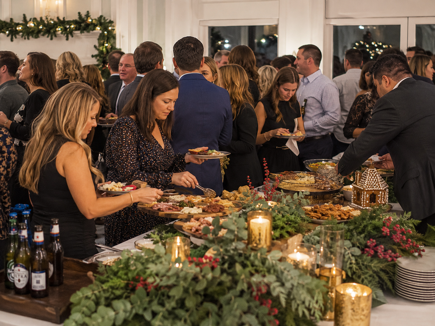 Guests enjoy a festive holiday buffet with candles and greenery at an elegant party.
