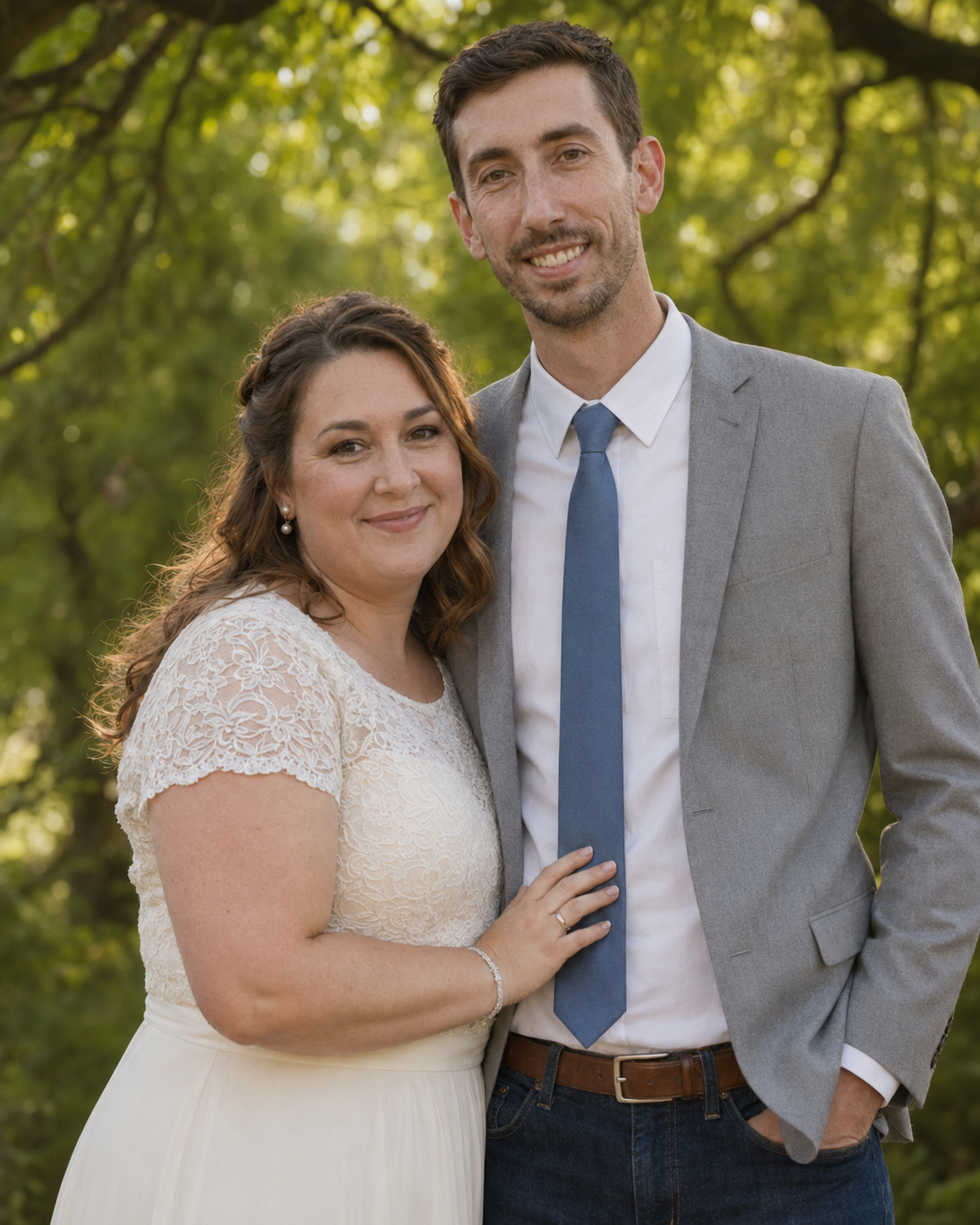 A smiling couple poses outdoors, woman in white lace dress and man in gray suit with blue tie, surrounded by green trees.