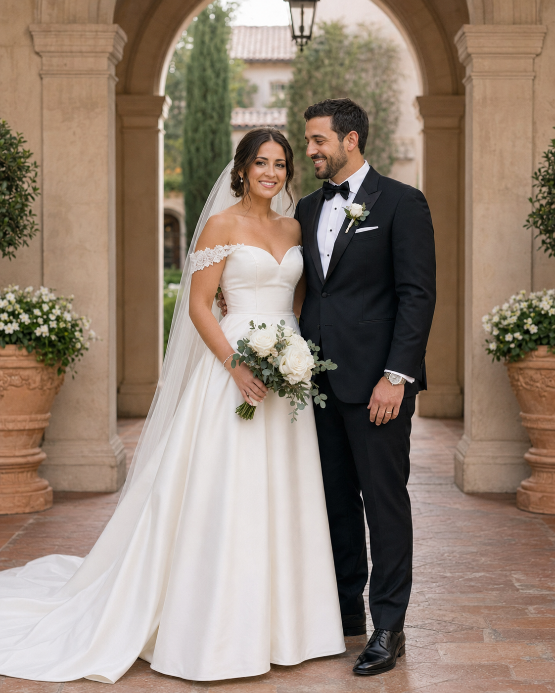 Bride and groom standing under stone archway, bride in off-shoulder white ball gown with bouquet, groom in black tuxedo.