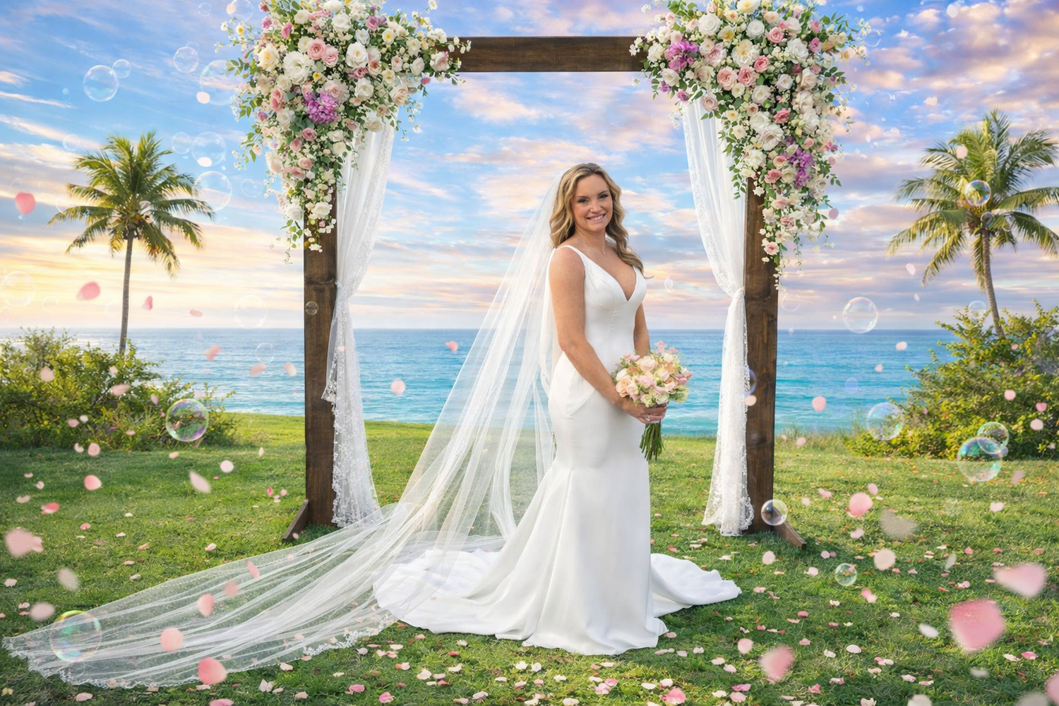 Bride in white gown with veil stands under floral arch by ocean with palm trees and rose petals.