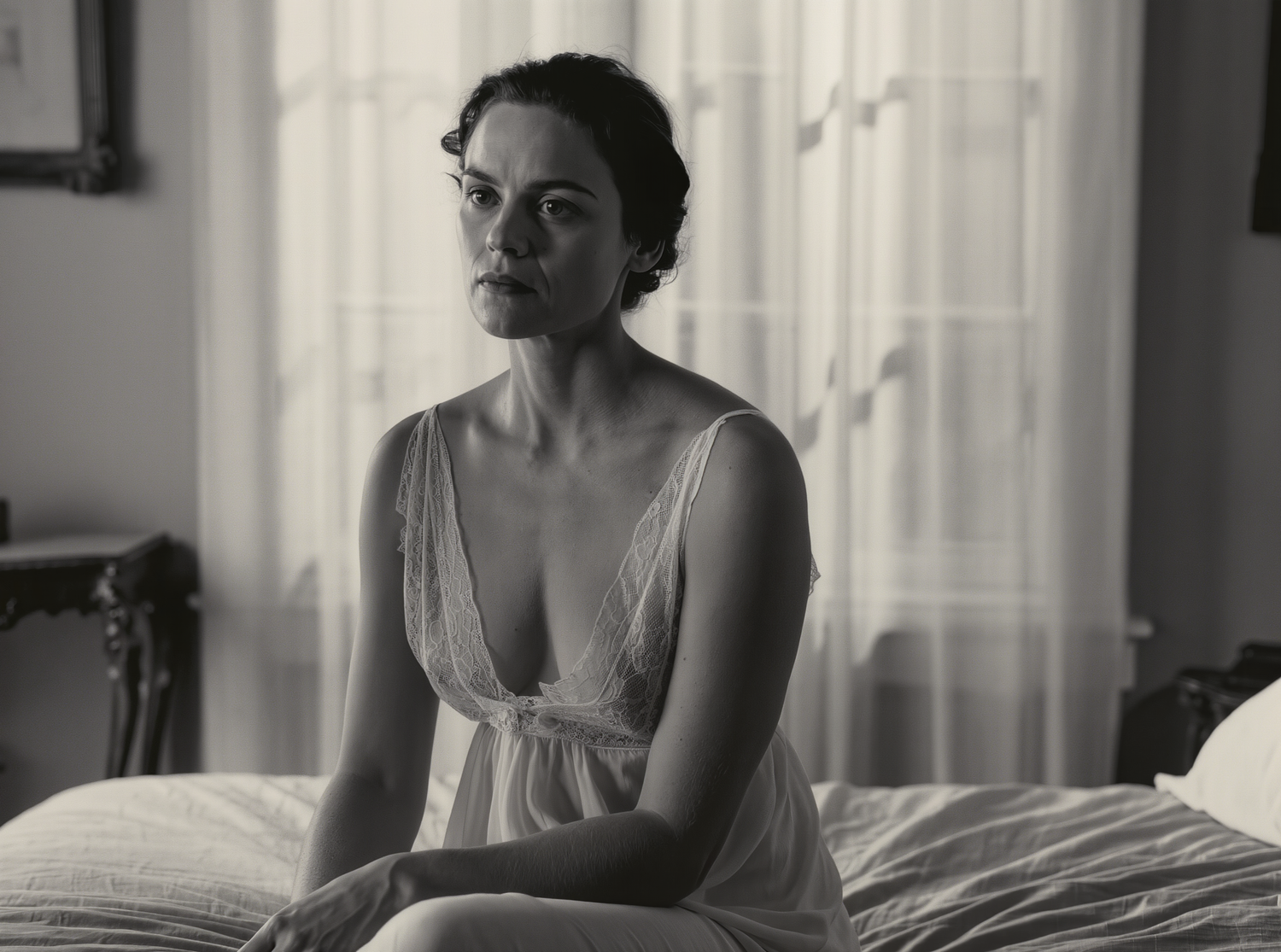 Black and white photo of a woman in a white slip dress sitting pensively on a bed near a window.
