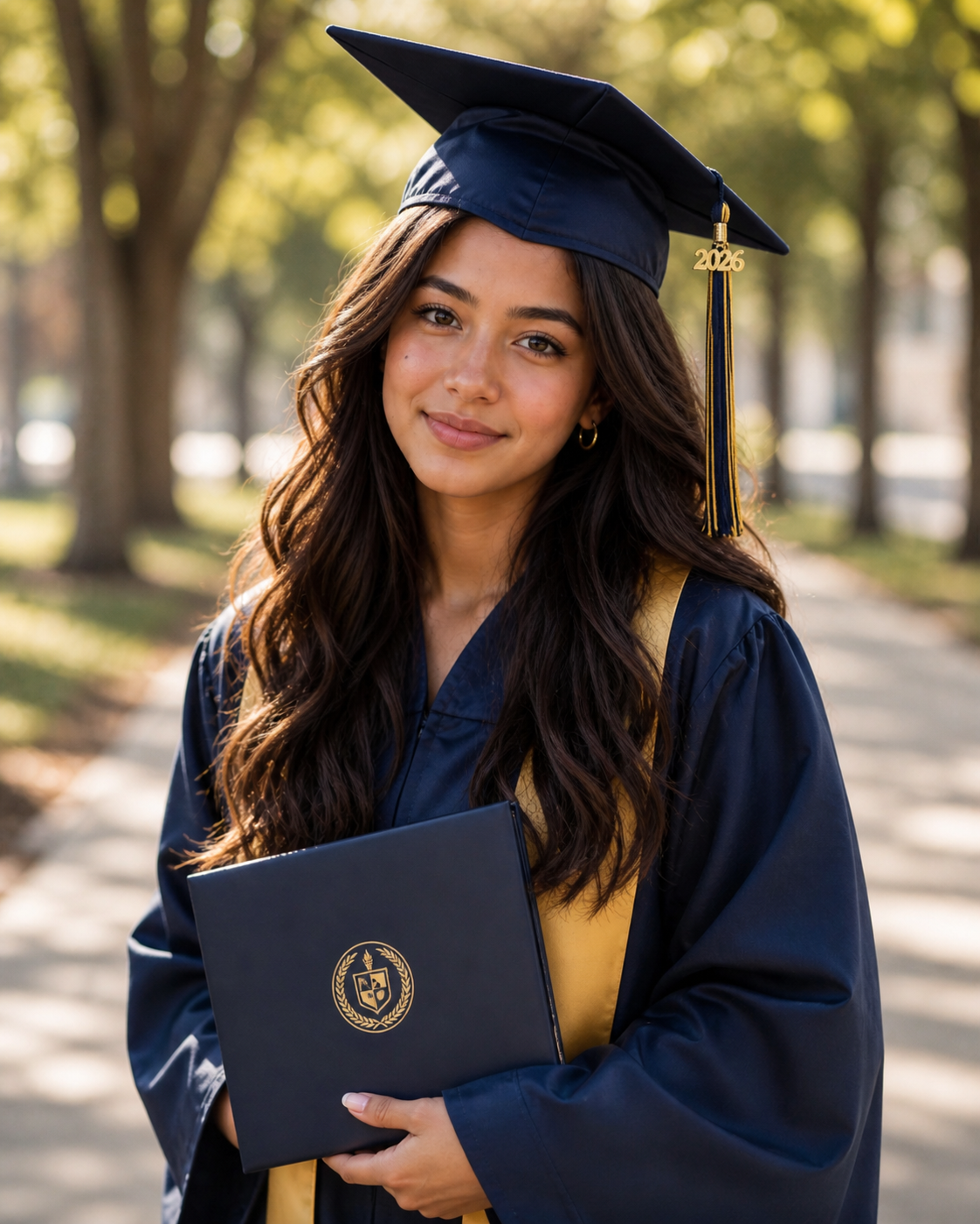 Smiling young woman in navy blue graduation cap and gown holding diploma outdoors on a sunny campus.