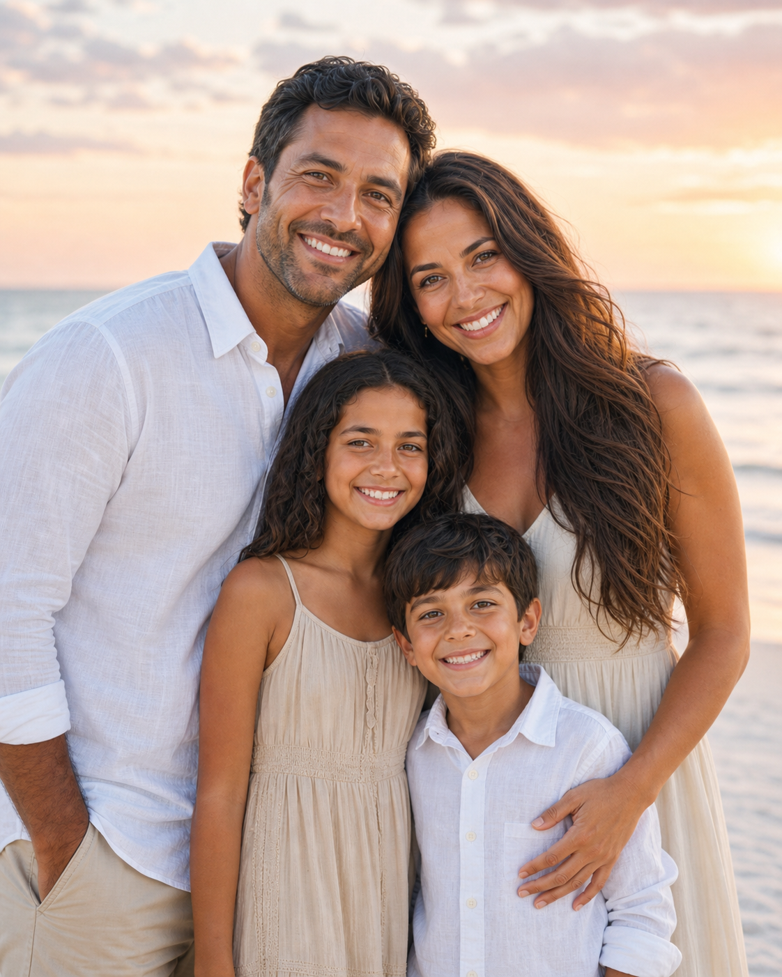 Smiling family of four hugging together on beach at golden sunset in coordinated white and beige.