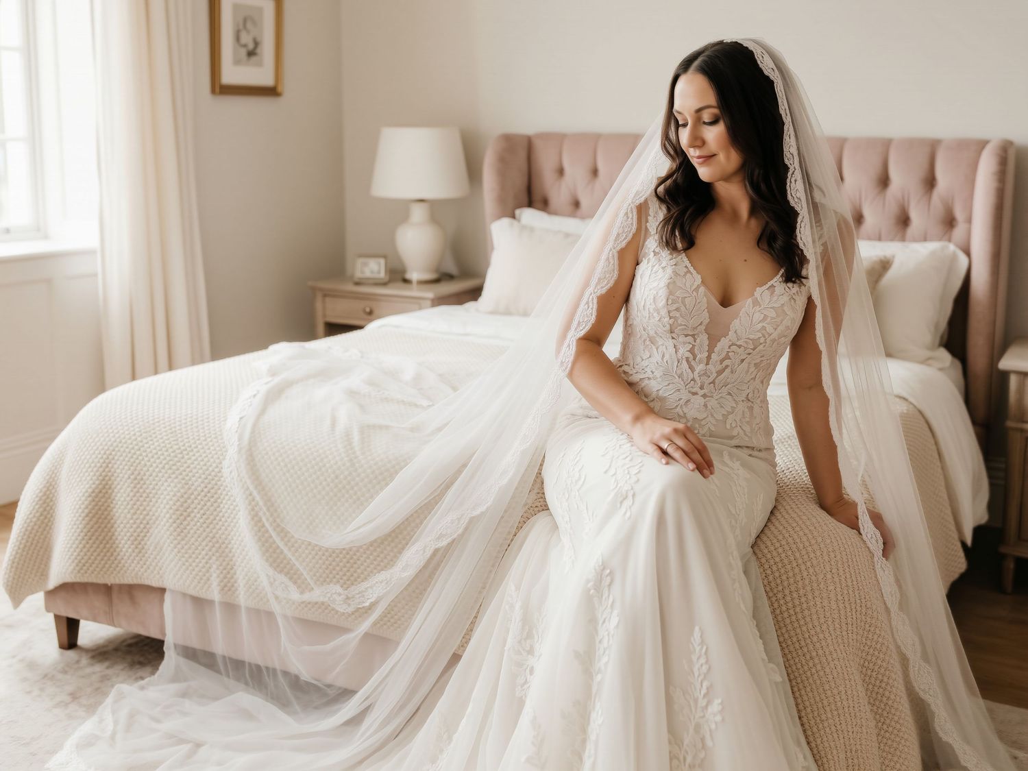 Bride in lace mermaid wedding gown with veil sits gracefully on bed in soft romantic bedroom setting.