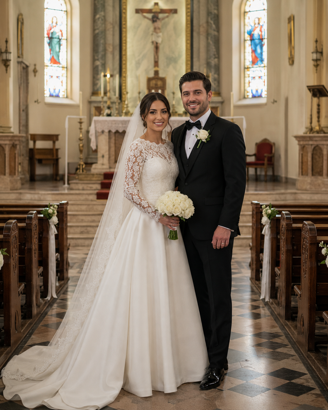 A bride and groom pose together in a church aisle, she in a lace gown with veil, he in a black tuxedo.