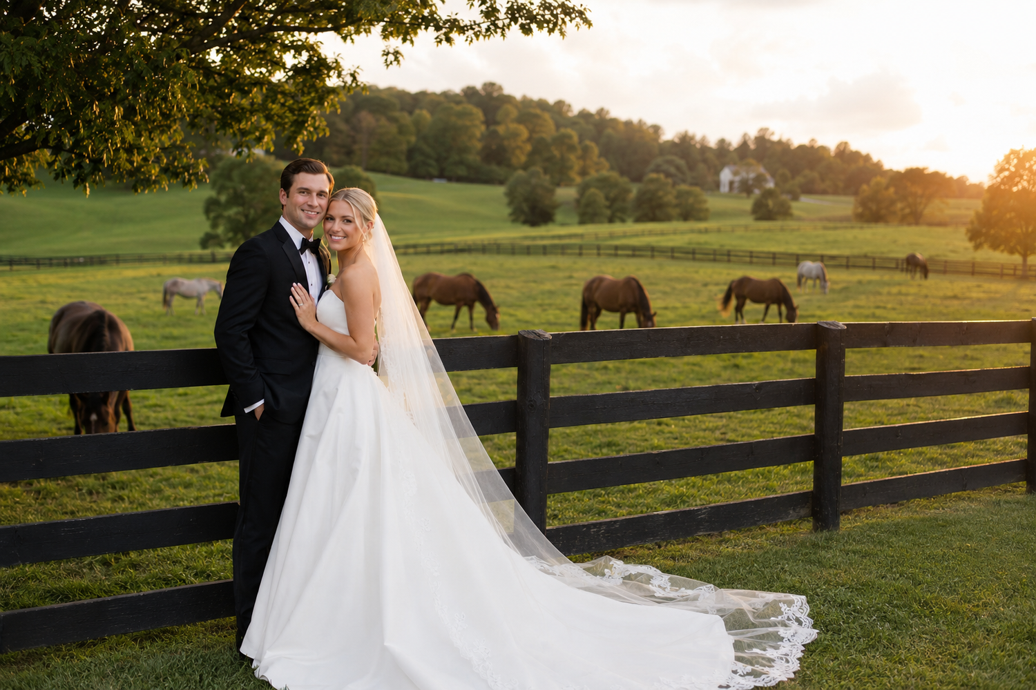 Bride and groom pose by black fence at golden hour with horses grazing on lush green farm in background.