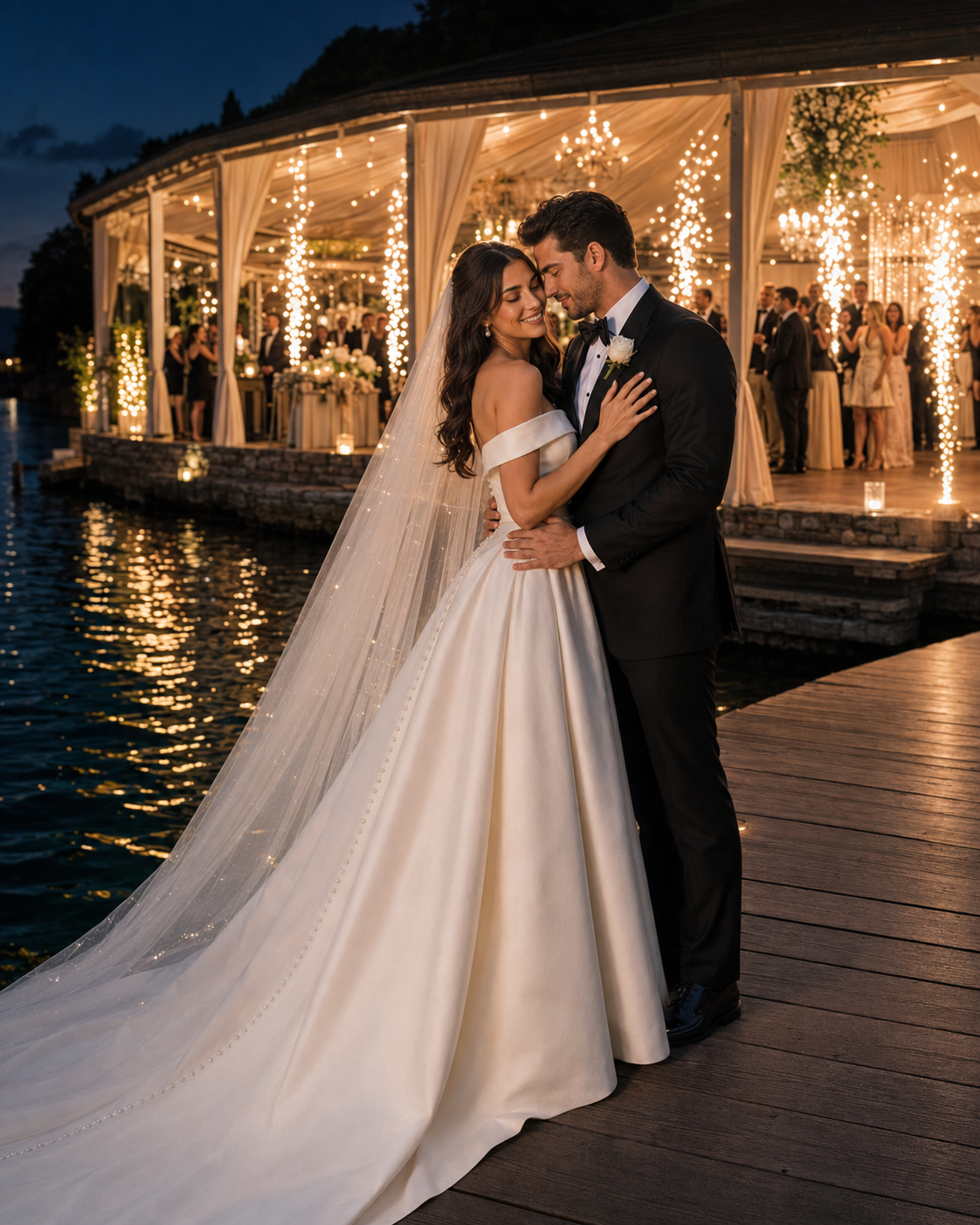 Bride and groom embrace on waterfront dock at night, glowing pavilion reception venue behind them.