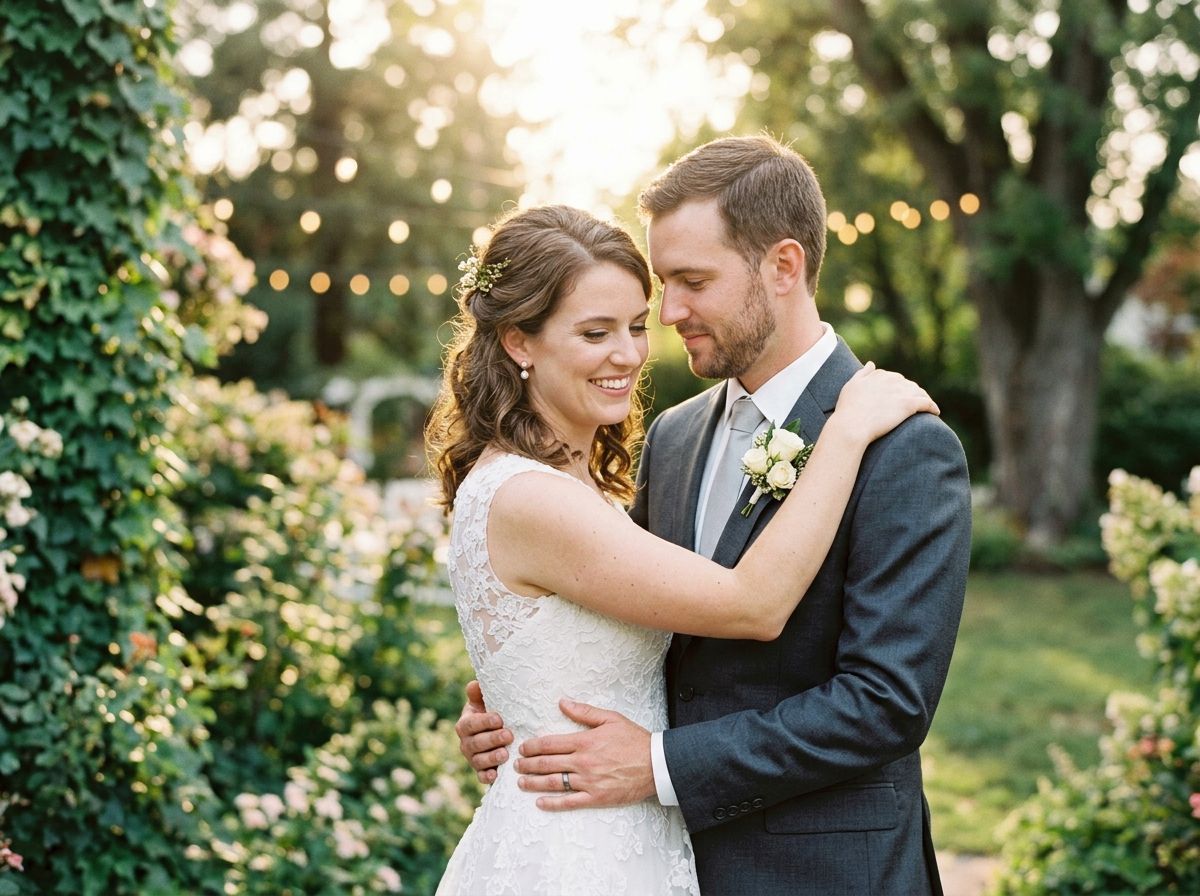 Bride and groom embrace in a lush garden at golden hour, string lights glowing softly in the background.