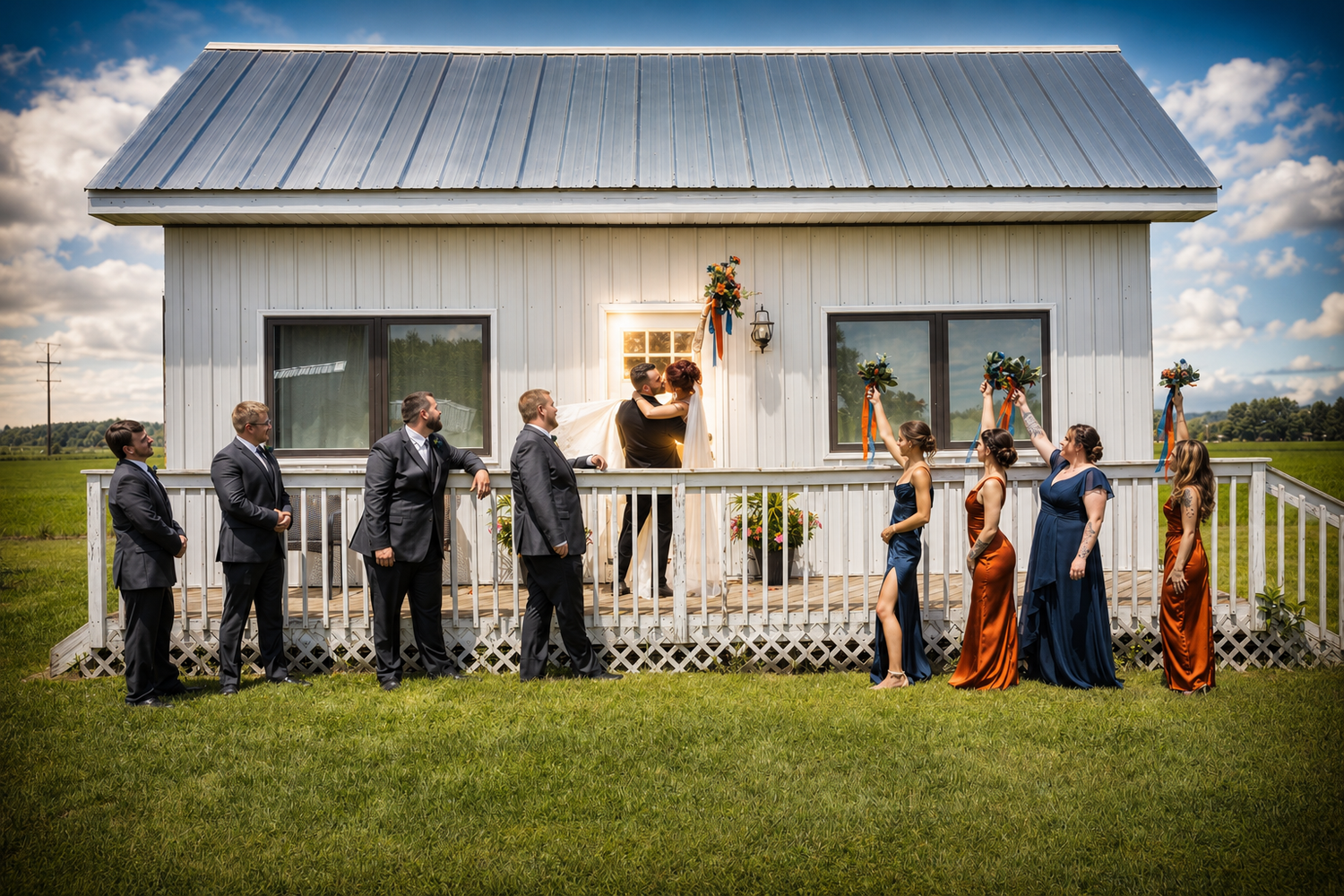 Wedding party stands on a white farmhouse porch during an outdoor ceremony on a sunny day.