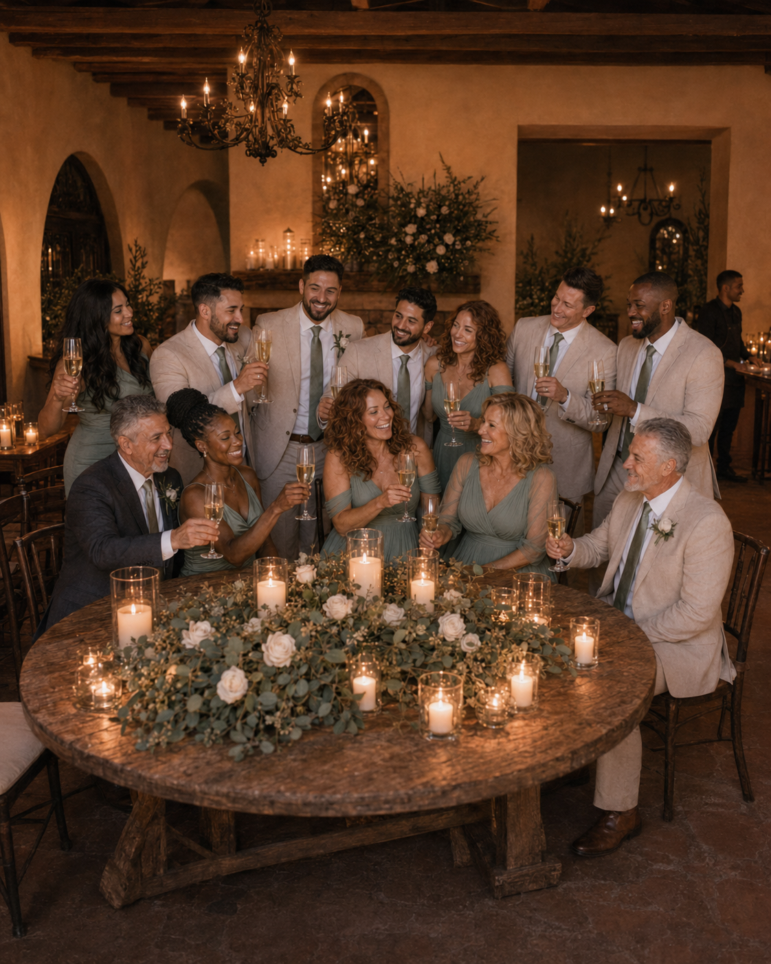 Wedding party gathered around a candlelit table with floral centerpiece, raising champagne glasses in elegant venue.