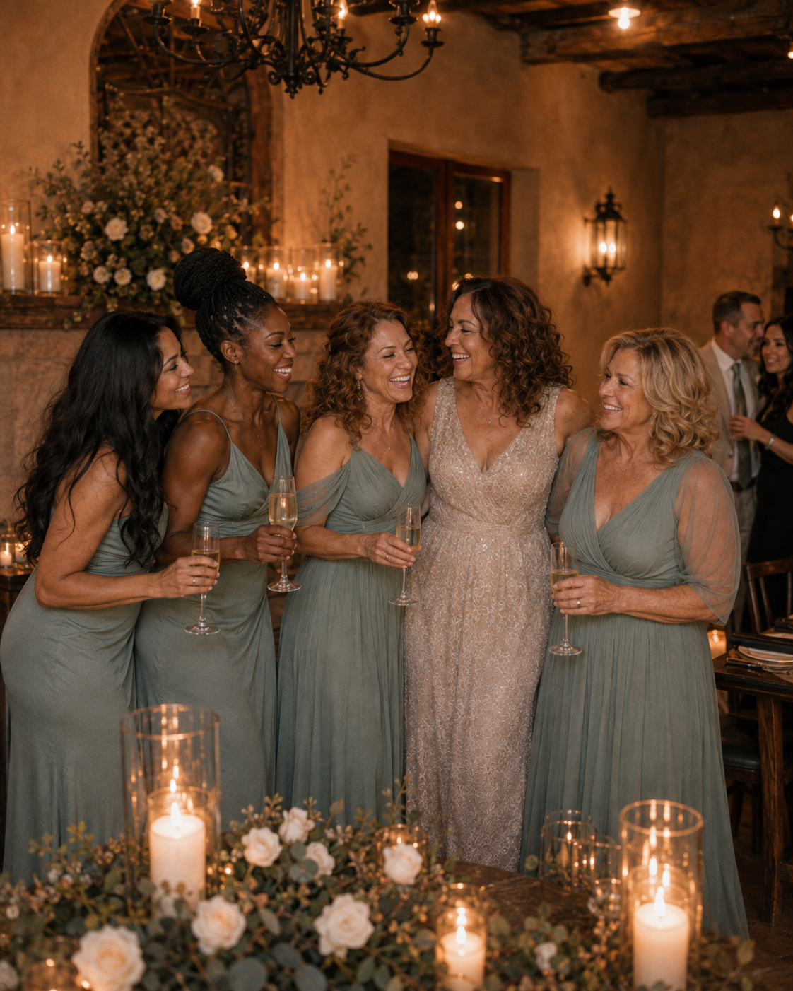 Bridesmaids in sage green gowns laugh with bride in lace dress, surrounded by candles and florals at elegant wedding reception.
