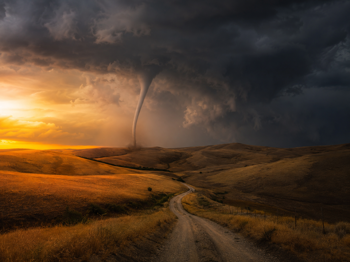 A dramatic tornado touches down at sunset over golden wheat fields along a winding dirt road under stormy skies.