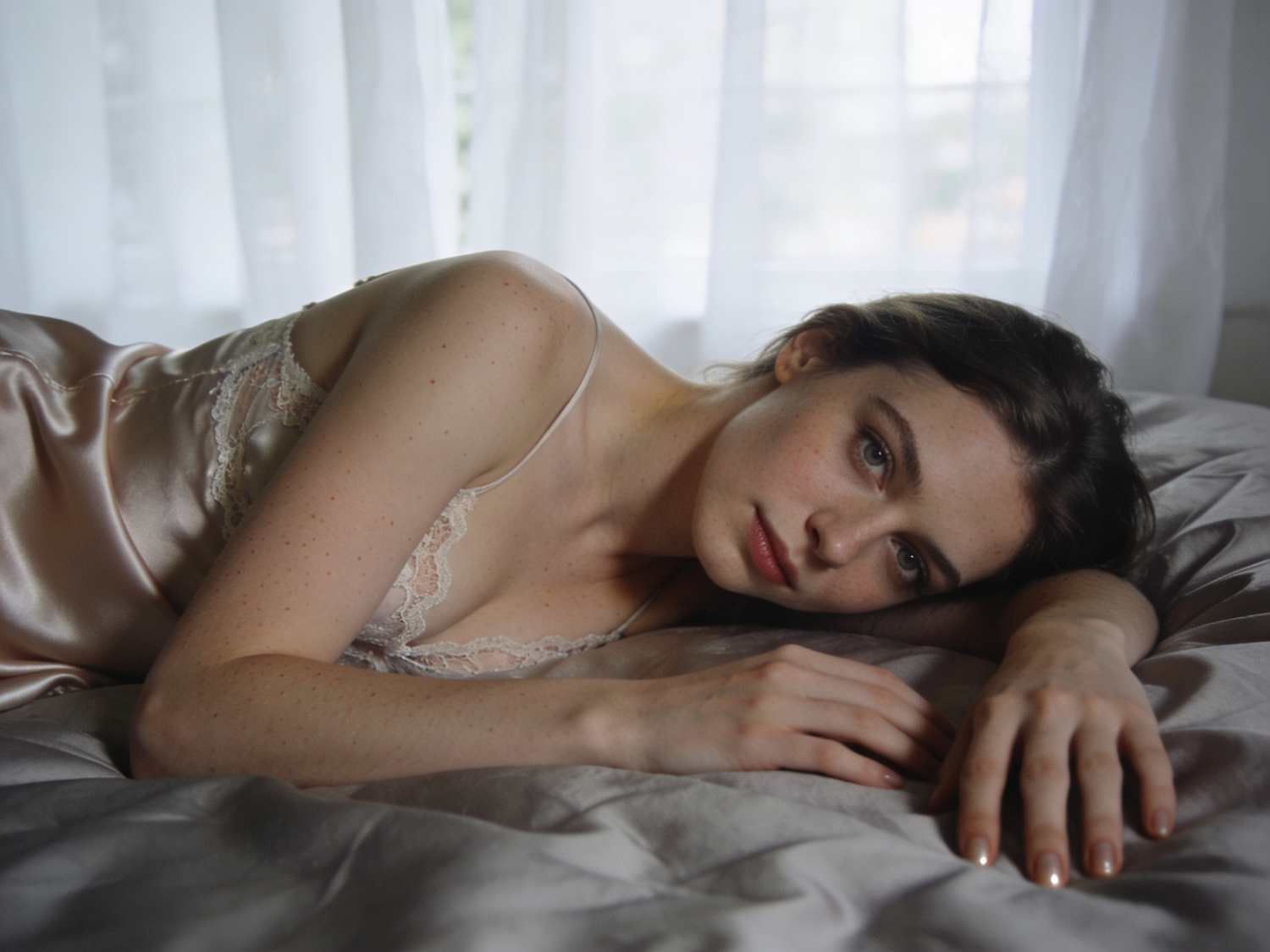 A young woman in silk slip loungewear lying on a bed with gray sheets near a curtained window.