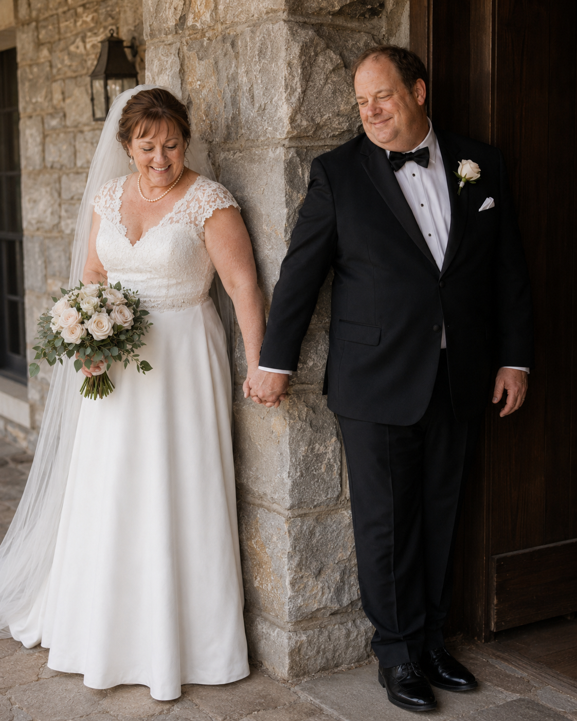 Bride and groom hold hands smiling outside stone venue, bride in lace wedding gown with bouquet, groom in black tuxedo.