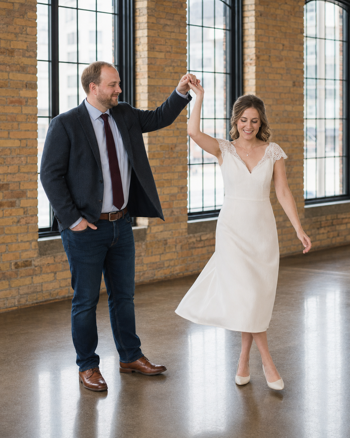 A groom twirls his bride in a white midi dress on a polished floor in a bright industrial venue.