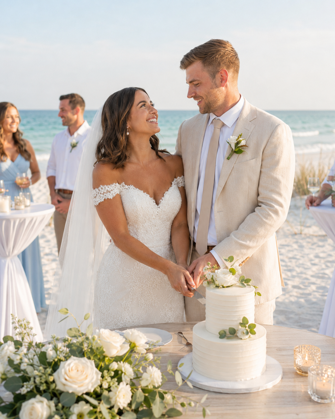 Bride and groom cutting white wedding cake on a beach, smiling at each other in elegant wedding attire.