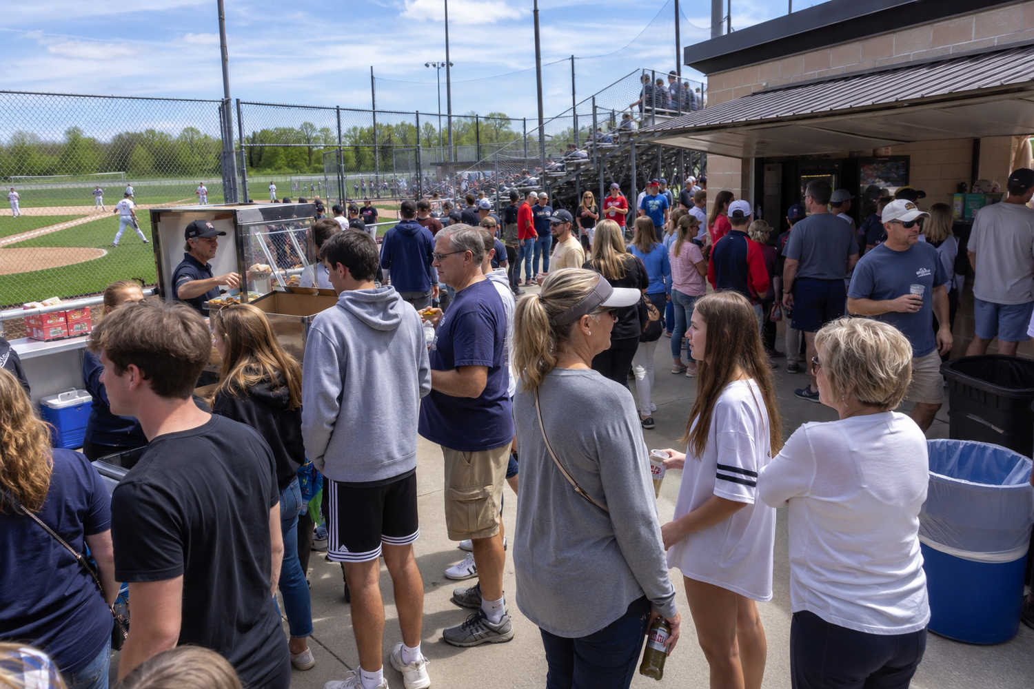 Large crowd of spectators lines up along the fence at an outdoor high school baseball game.