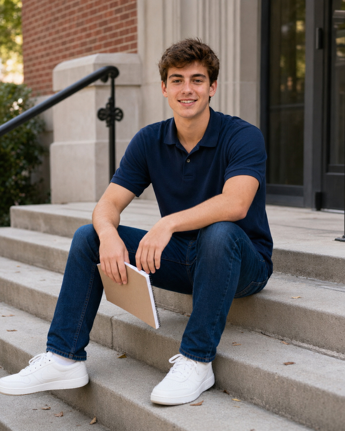 Young man in navy polo and jeans sits smiling on college steps holding a tablet.