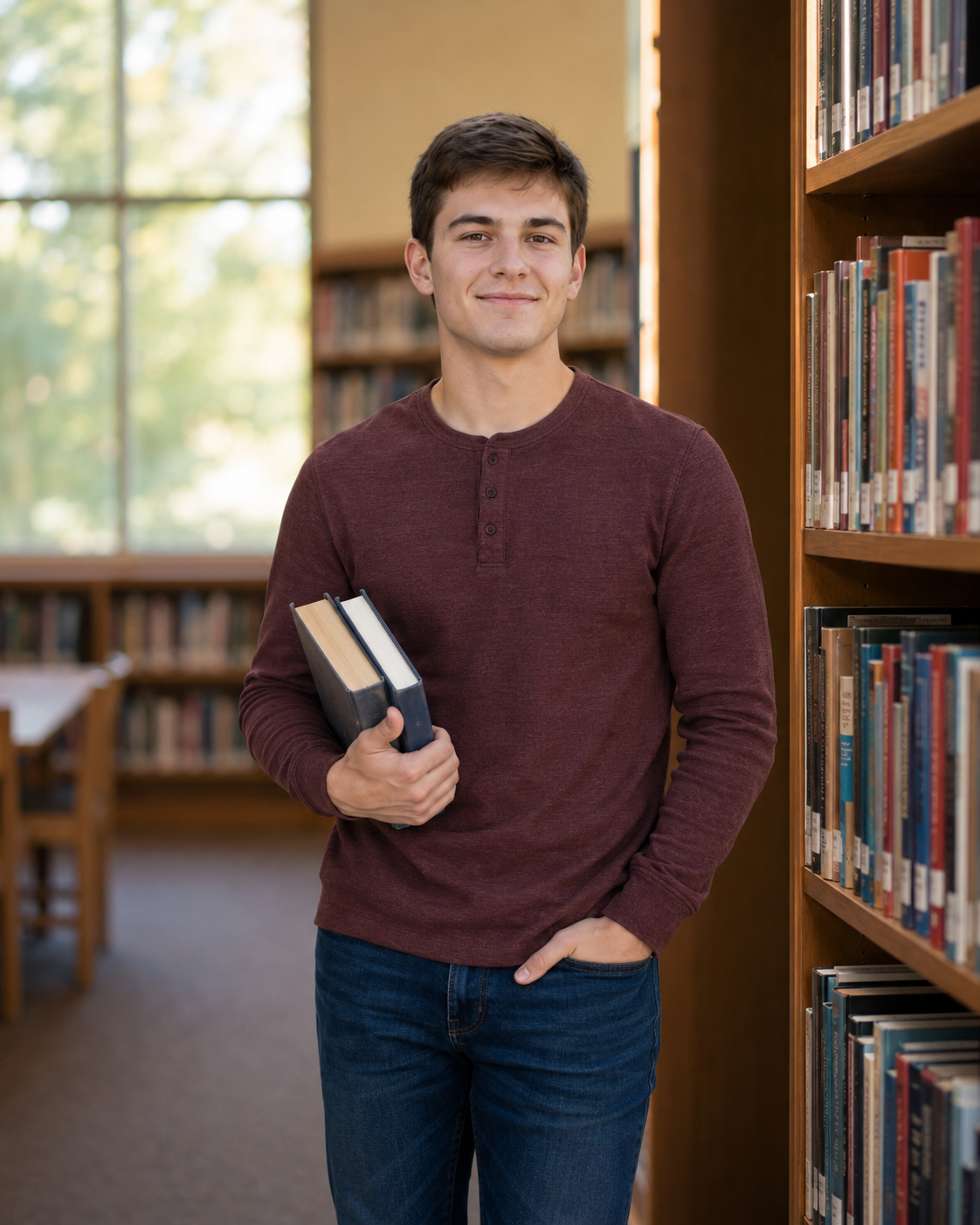 Young man in maroon henley holding books in a library, smiling beside wooden bookshelves.