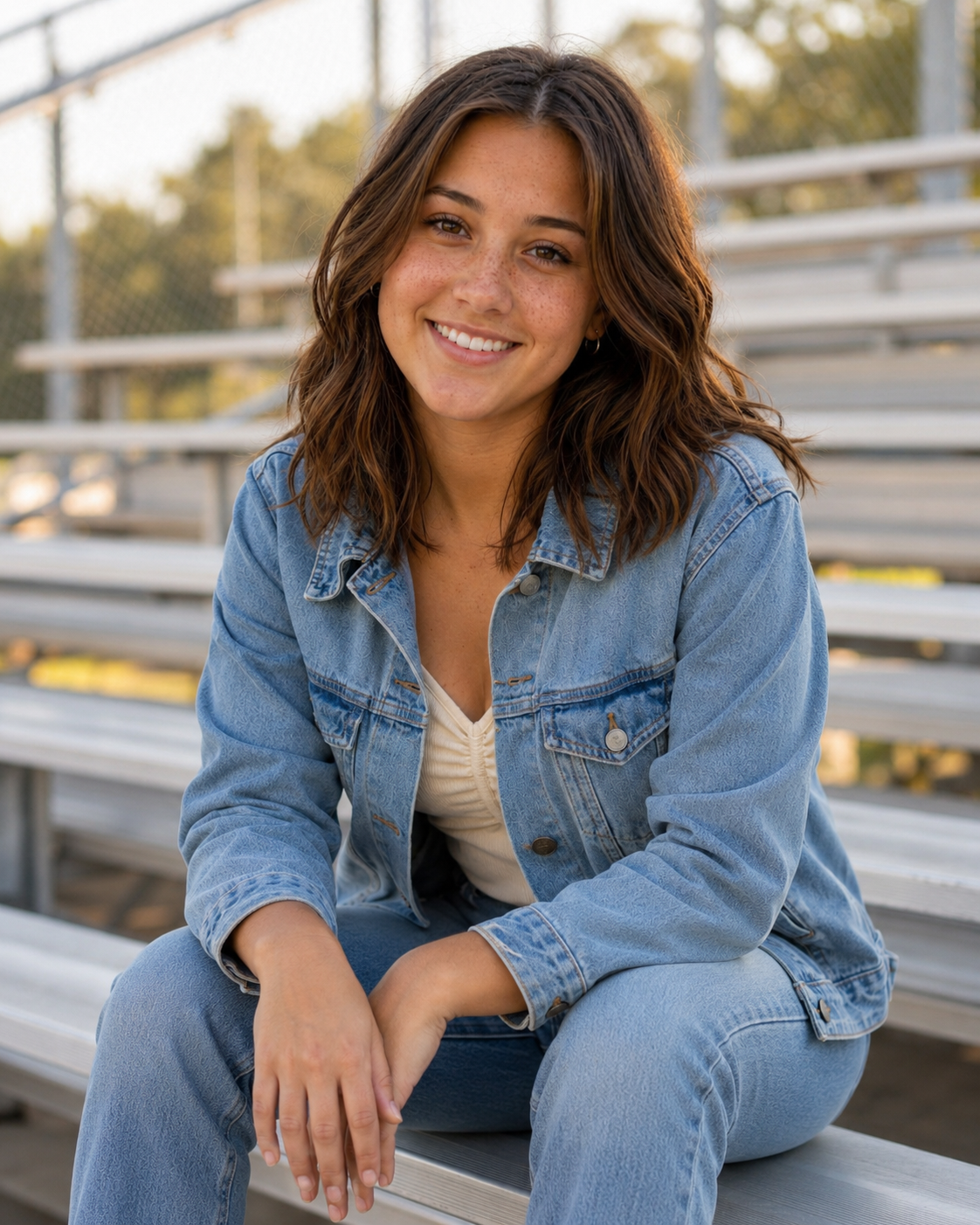 Young woman in denim jacket and jeans smiling on bleachers outdoors.
