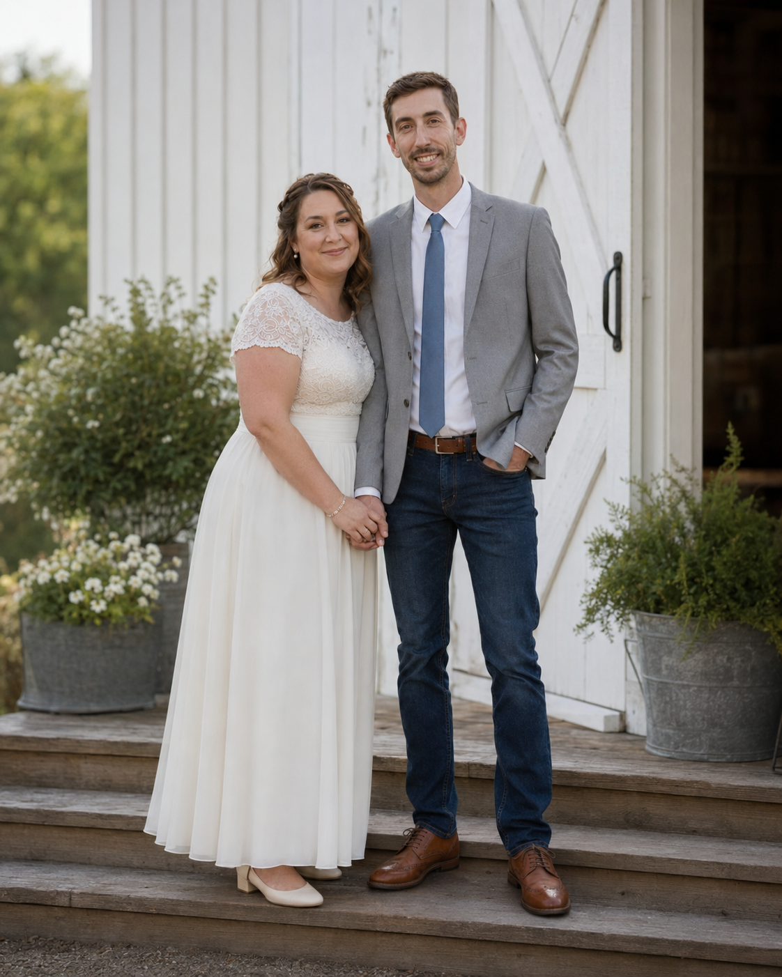 A couple in wedding attire poses on barn steps, bride in white lace dress, groom in gray blazer and jeans.