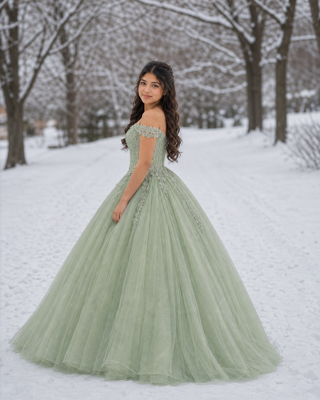 Young woman in sage green off-shoulder ball gown quinceañera dress posing gracefully on a snowy winter path.