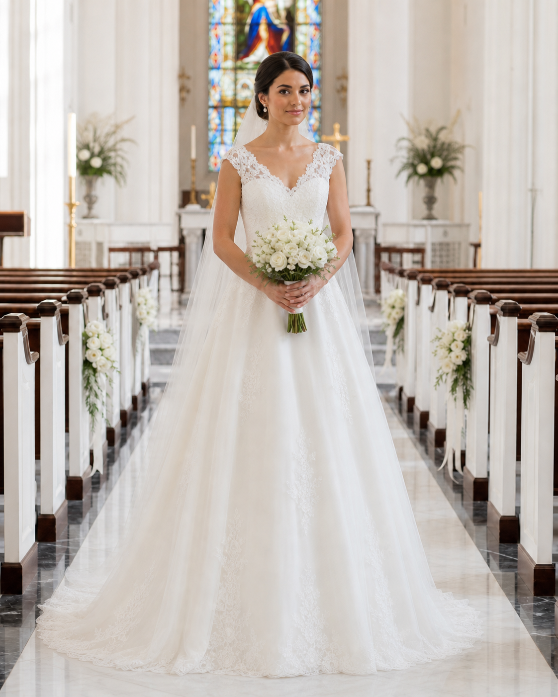 Bride in a classic V-neck ball gown wedding dress holding white bouquet standing in church aisle.