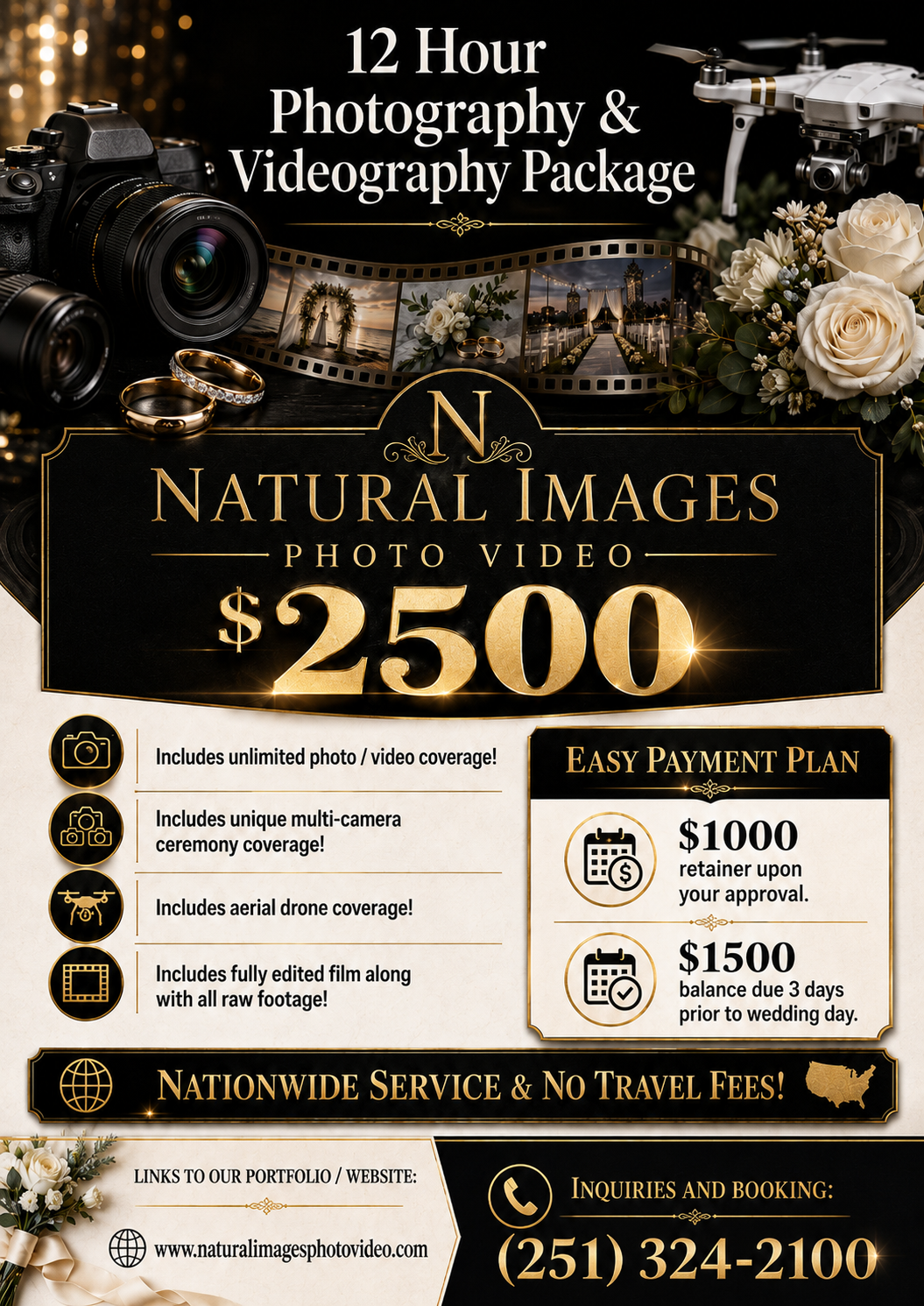 Natural Images Photo Video 12-hour photography and videography package flyer offering $2500 with nationwide service and no travel fees.