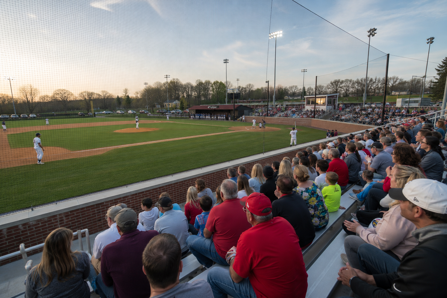 Fans fill stadium seats watching a baseball game at sunset on a spring evening.