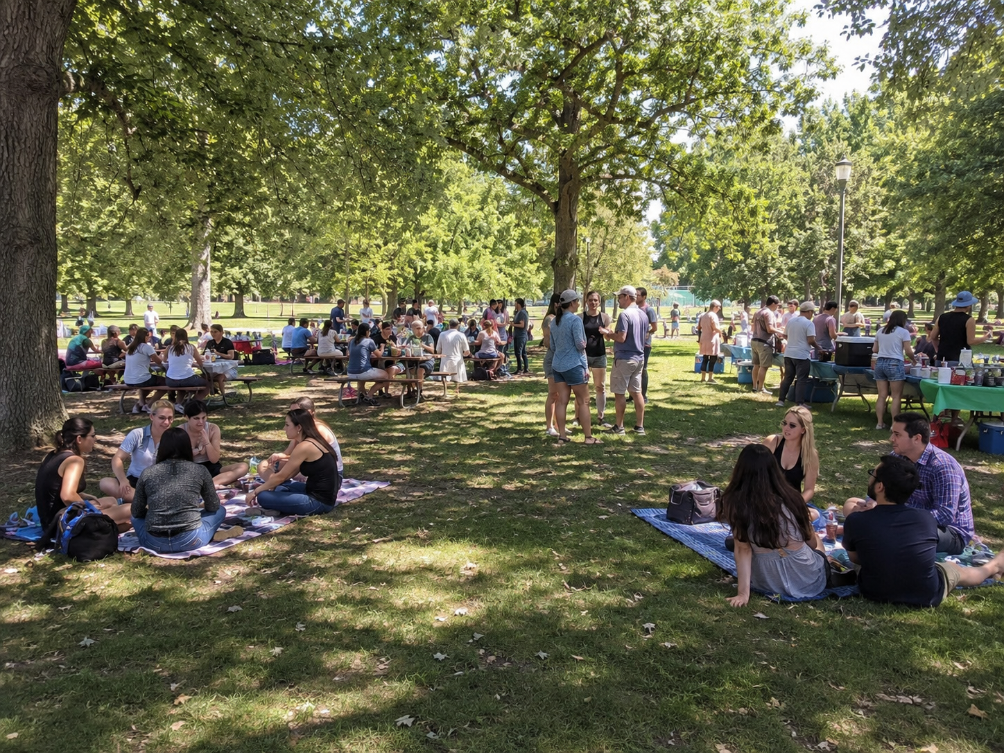 People relax on grass under shady trees during an outdoor summer park gathering.