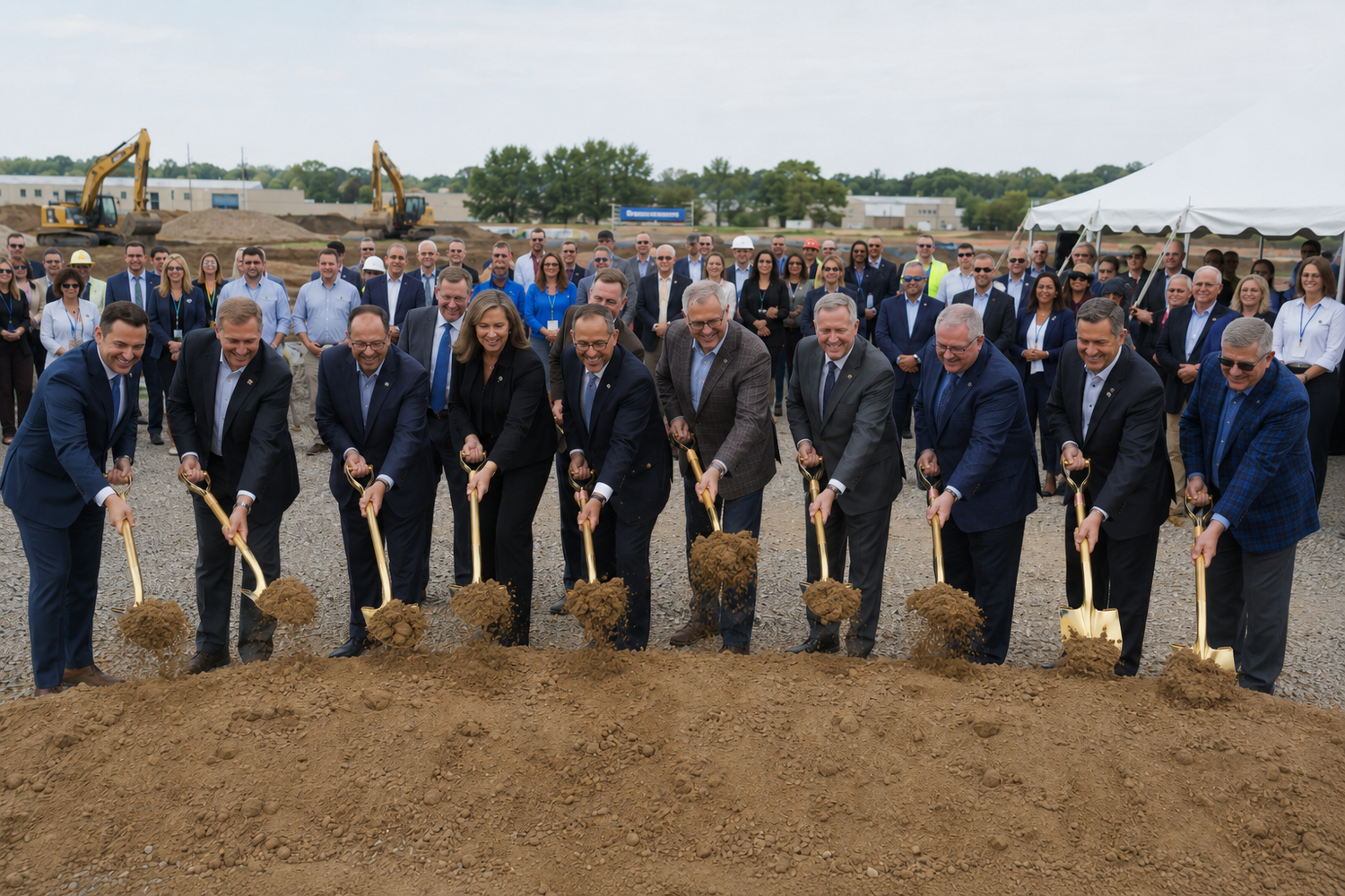 Group of officials in suits holding golden shovels at a groundbreaking ceremony outdoors.