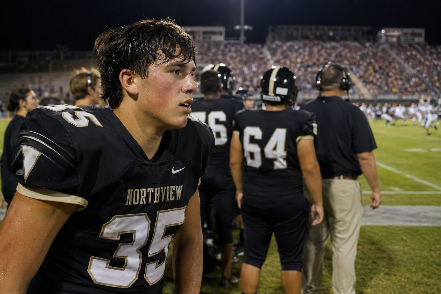 Northview high school football player #35 on sideline during night game.