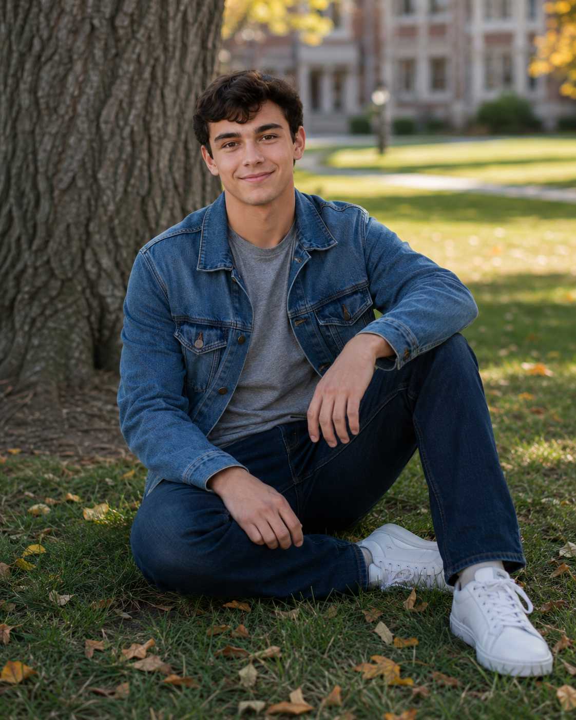 Young man in denim jacket and jeans sits on grass near tree, smiling for senior portrait photo.