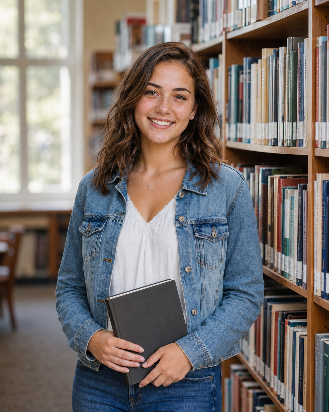 Happy young woman in denim jacket holding book while standing in college library.
