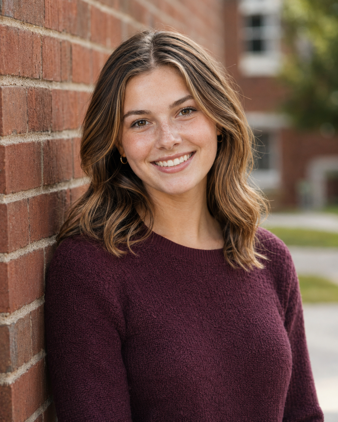 Smiling young woman in maroon sweater leaning against brick wall outdoors.