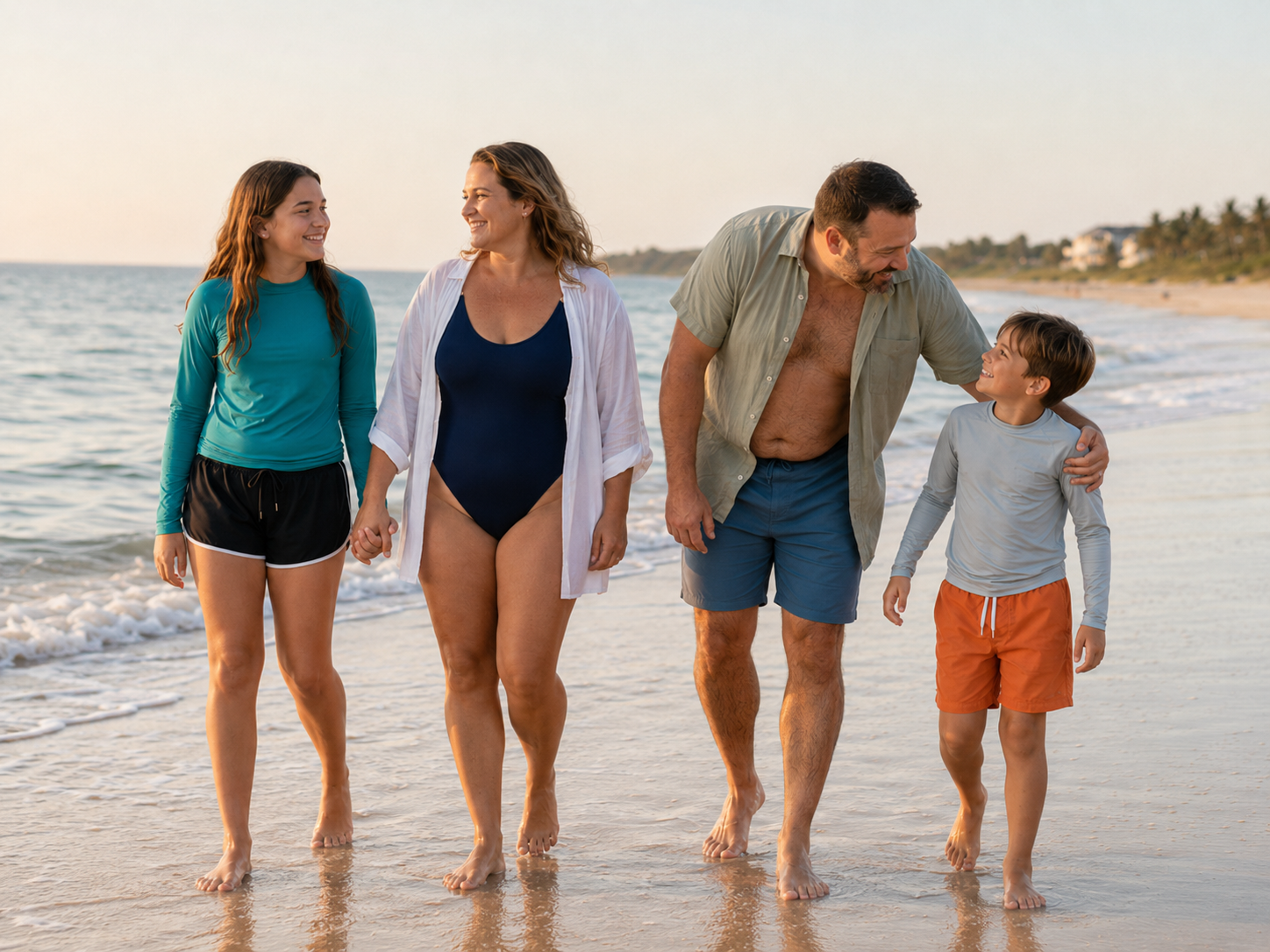 Family of four walking on a sunny beach in swimwear, smiling and enjoying a seaside vacation together.