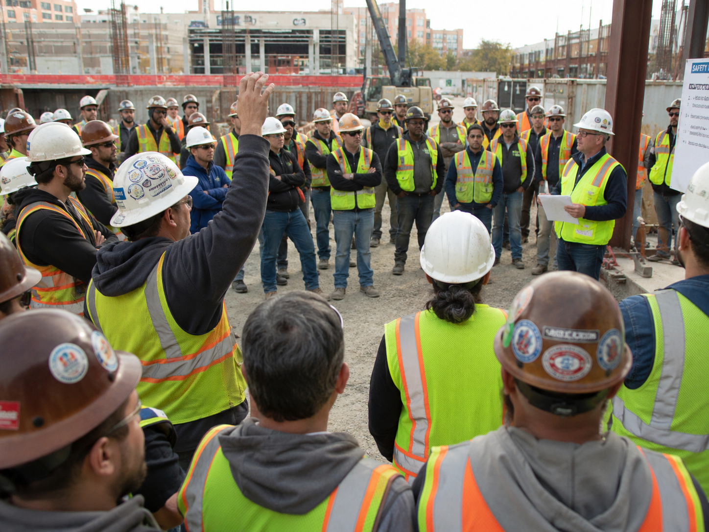 A construction supervisor raises his hand while briefing a large crew of workers wearing hard hats outdoors.