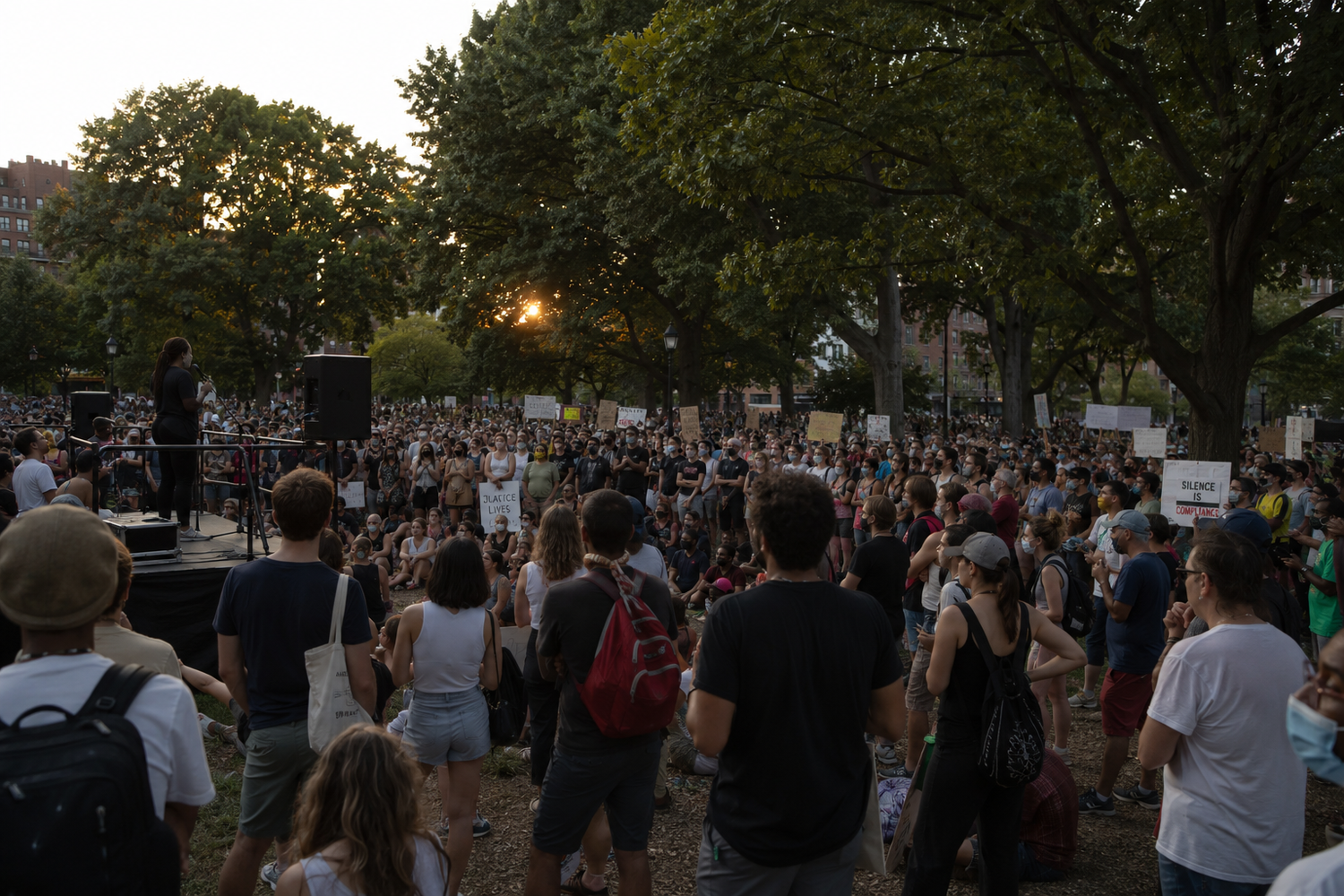 Large crowd gathers at an outdoor protest rally at sunset, surrounded by lush green trees in an urban park.