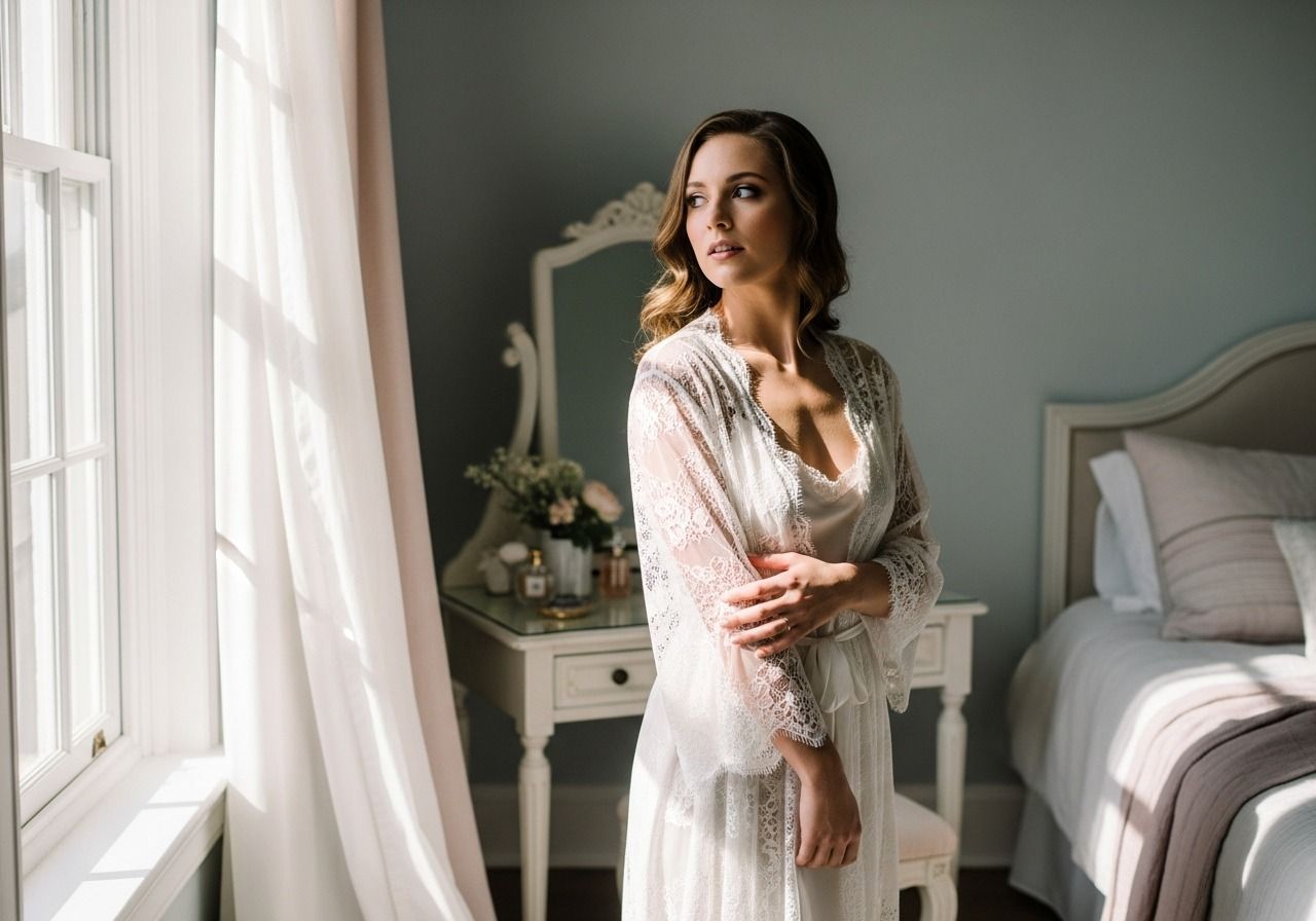 Bride in white lace bridal robe gazes out window in elegant bedroom with vintage mirror and decor.