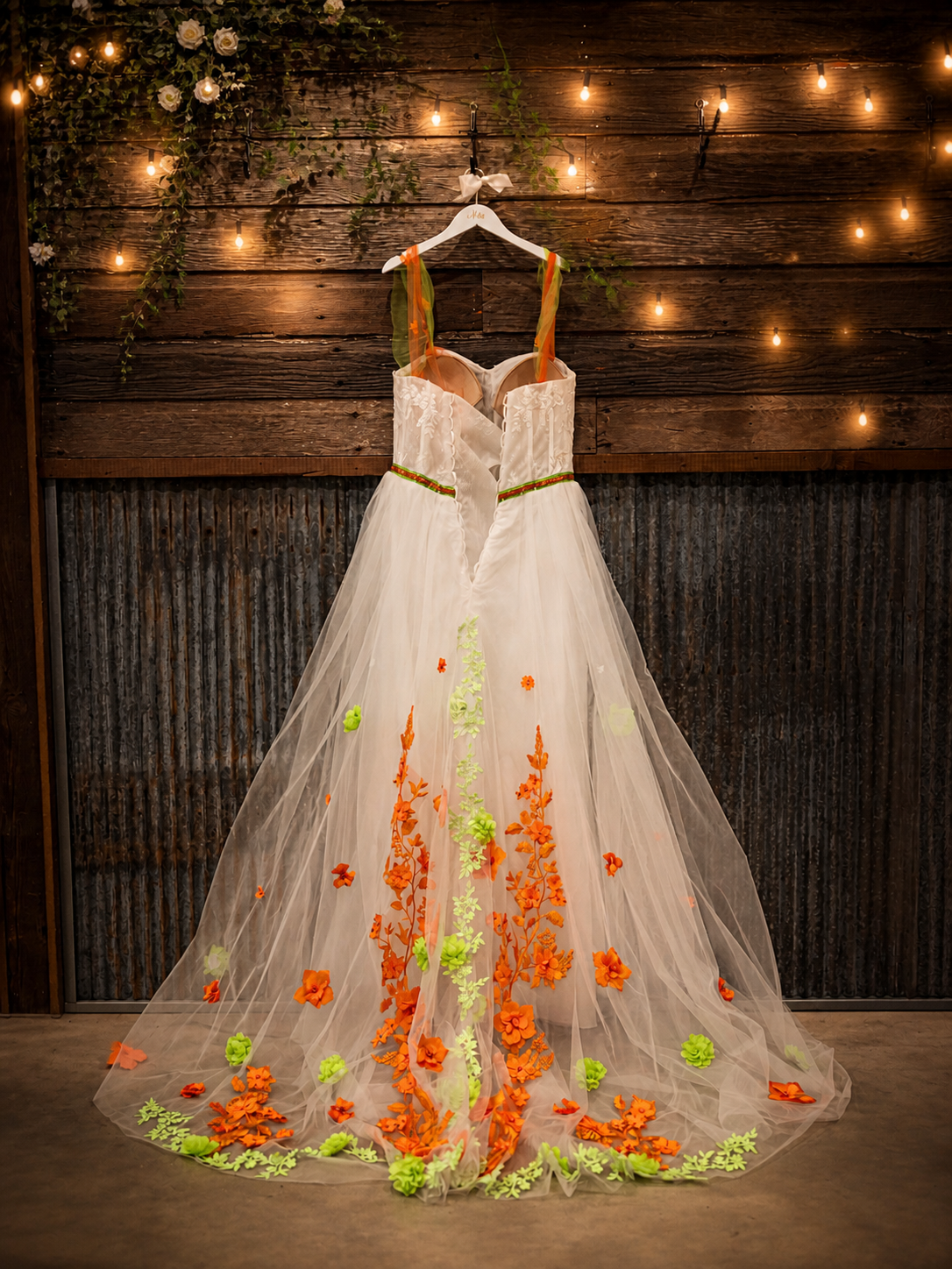 White tulle wedding gown with vibrant orange and green floral appliques hanging against rustic wood wall with string lights.