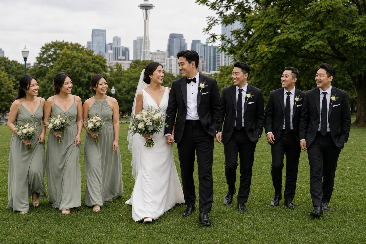 Wedding party walks together on grass at Kerry Park with Seattle skyline visible behind them.