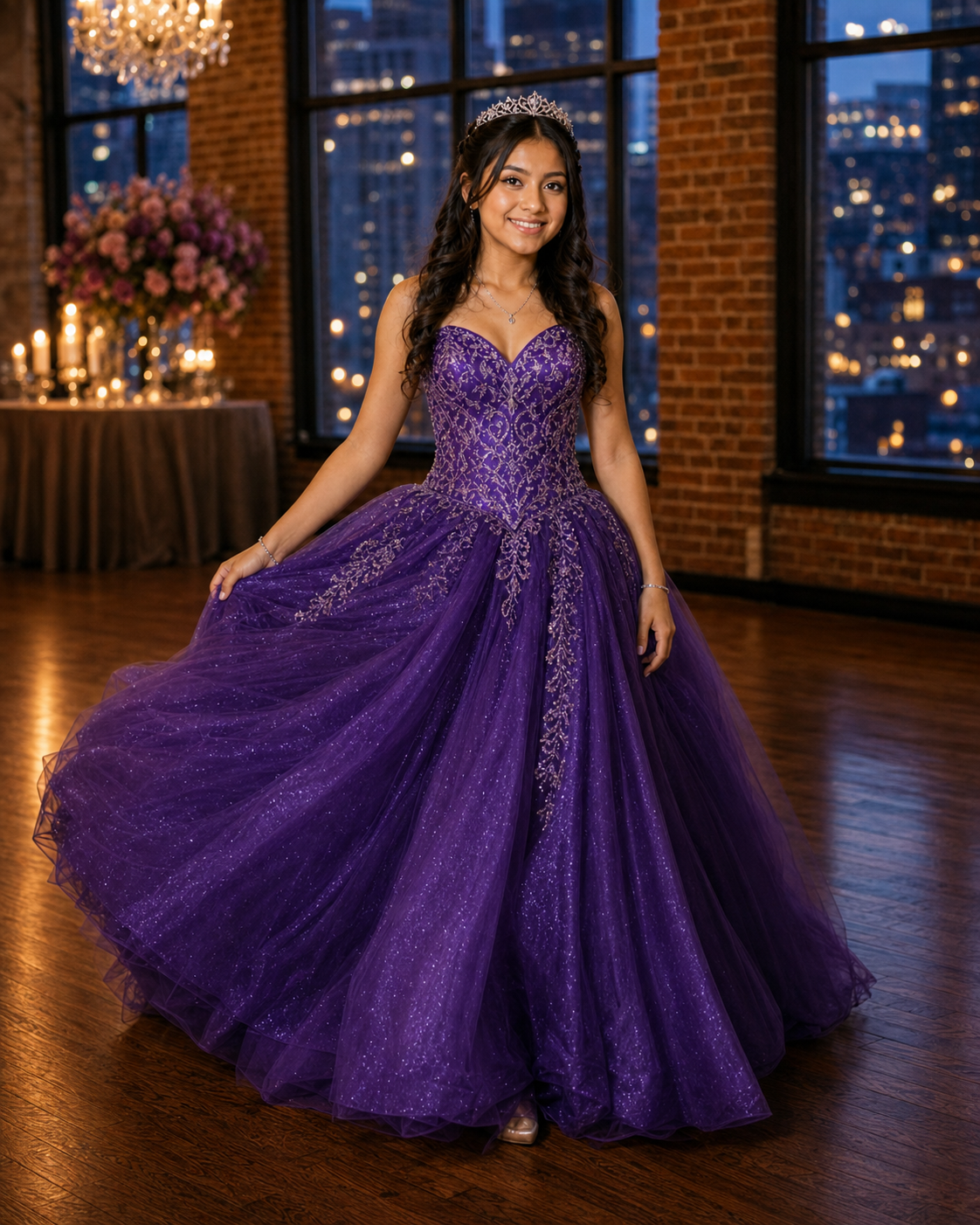 Young woman in a sparkling purple ball gown and tiara poses elegantly in a decorated ballroom for quinceañera.