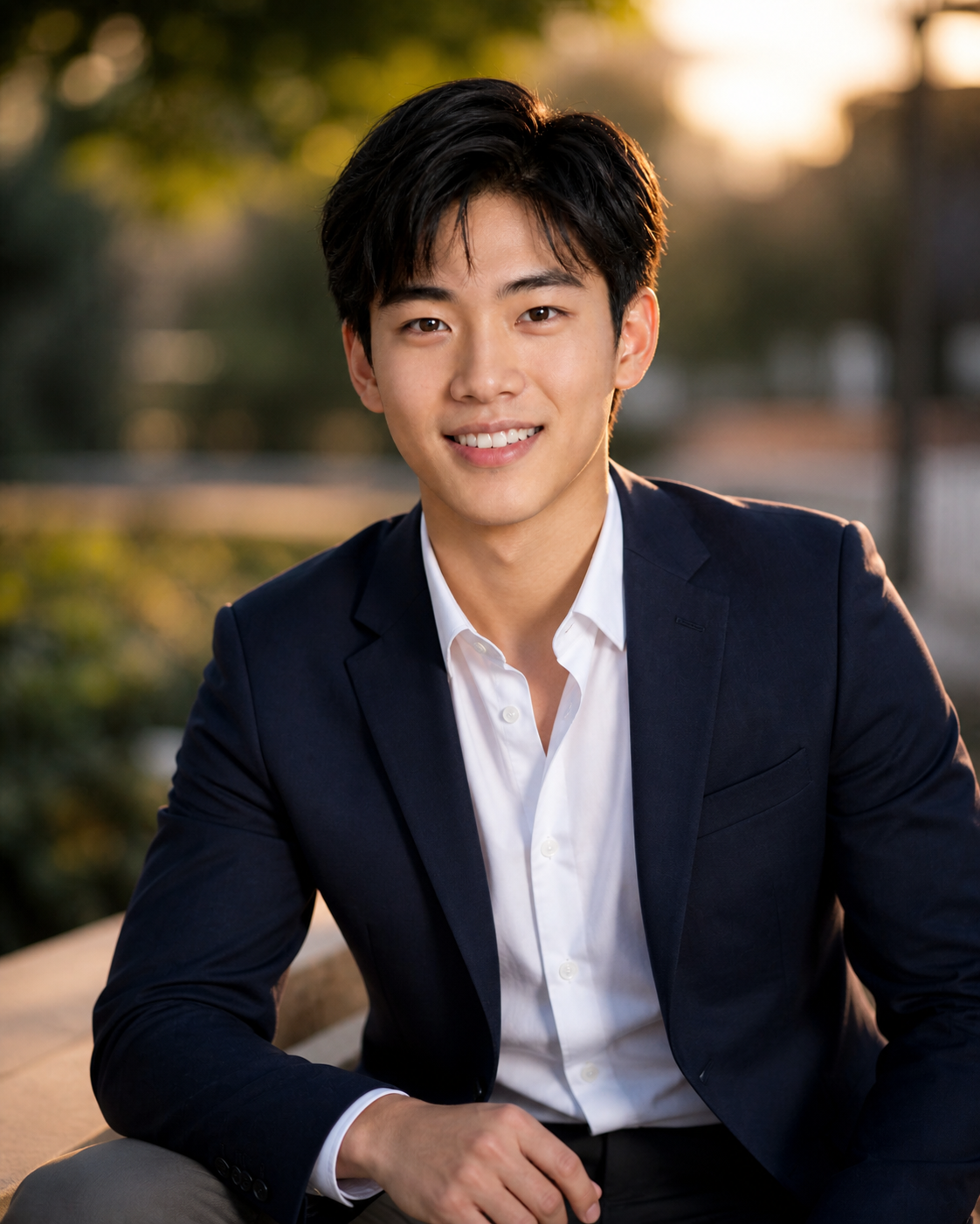 Young Asian man in navy blazer and white shirt smiling outdoors in warm golden light.